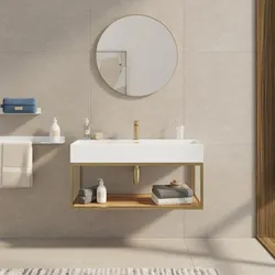 Mobile bagno sospeso 100 cm oro spazzolato e rovere con top lavabo e specchio - Axis