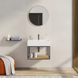 Mobile bagno sospeso 60 cm nero spazzolato e rovere con top lavabo e specchio - Axis