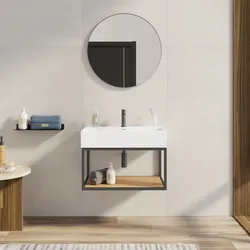 Mobile bagno sospeso 90 cm nero spazzolato e rovere con top lavabo e specchio - Axis