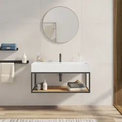 Mobile bagno sospeso 100 cm nero spazzolato e rovere con top lavabo e specchio - Axis