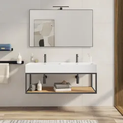 Mobile bagno sospeso 120 cm nero spazzolato e rovere con top lavabo doppio e specchio - Axis