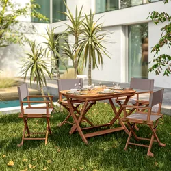 Set pranzo tavolo pieghevole 120/160x80 cm e 4 sedie regista tortora in legno d'acacia - Paja