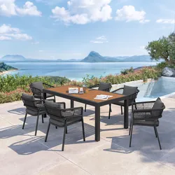 Set pranzo tavolo 200/300x100 cm top caramello e 6 sedie in alluminio e corda antracite - Clerc