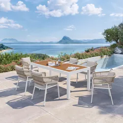 Set pranzo tavolo 200/300x100 cm top caramello e 6 sedie in alluminio bianco e corda tortora - Clerc