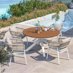 Set pranzo tavolo rotondo 140 cm top caramello e 4 sedie in alluminio bianco e corda tortora - Clerc