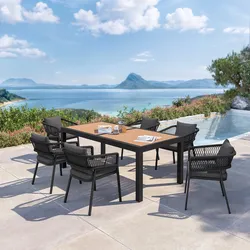 Set pranzo tavolo 200/300x100 cm top miele e 6 sedie in alluminio e corda antracite - Clerc