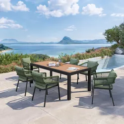 Set pranzo tavolo 200/300x100 cm top miele e 6 sedie in alluminio antracite e corda verde - Clerc