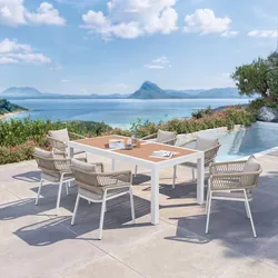 Set pranzo tavolo 200/300x100 cm top miele e 6 sedie in alluminio bianco e corda tortora - Clerc