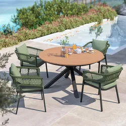 Set pranzo tavolo rotondo 140 cm top miele e 4 sedie in alluminio antracite e corda verde - Clerc