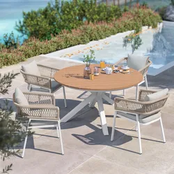 Set pranzo tavolo rotondo 140 cm top miele e 4 sedie in alluminio bianco e corda tortora - Clerc