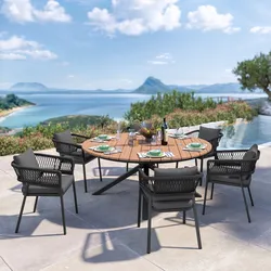 Set pranzo tavolo rotondo 180 cm top miele e 6 sedie in alluminio e corda antracite - Clerc