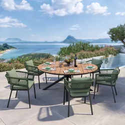 Set pranzo tavolo rotondo 180 cm top miele e 6 sedie in alluminio antracite e corda verde - Clerc