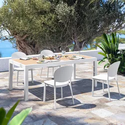 Set pranzo tavolo 200/300x100 cm alluminio con top effetto legno e 4 sedie in polipropilene bianco - Rosaly