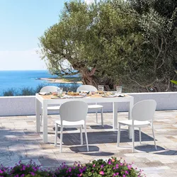 Set pranzo tavolo 160/240x100 cm alluminio con top effetto legno e 4 sedie in polipropilene bianco - Rosaly