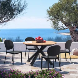 Set pranzo tavolo rotondo 120 cm alluminio con top effetto legno e 4 sedie in polipropilene nero - Rosaly