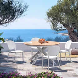 Set pranzo tavolo rotondo 140 cm alluminio con top effetto legno e 4 sedie in polipropilene bianco - Rosaly