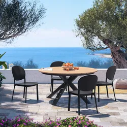 Set pranzo tavolo rotondo 140 cm alluminio con top effetto legno e 4 sedie in polipropilene nero - Rosaly