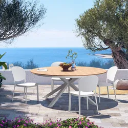 Set pranzo tavolo rotondo 180 cm alluminio con top effetto legno e 4 sedie in polipropilene bianco - Rosaly