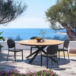 Set pranzo tavolo rotondo 180 cm alluminio con top effetto legno e 4 sedie in polipropilene nero - Rosaly