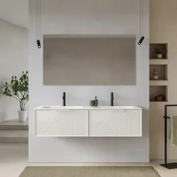 Mobile bagno sospeso con 2 cassetti 140 cm bianco opaco cannettato con lavabo doppia vasca e specchio - Mida