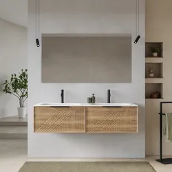 Mobile bagno sospeso con 2 cassetti 140 cm rovere acero cannettato con lavabo doppia vasca e specchio - Mida