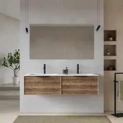 Mobile bagno sospeso con 2 cassetti 140 cm rovere america cannettato con lavabo doppia vasca e specchio - Mida