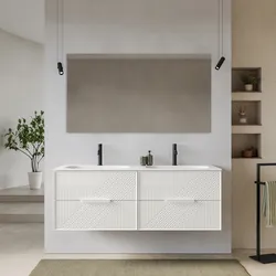 Mobile bagno sospeso con 4 cassetti 140 cm bianco opaco cannettato con lavabo doppia vasca e specchio - Mida