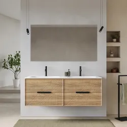 Mobile bagno sospeso con 4 cassetti 140 cm rovere acero cannettato con lavabo doppia vasca e specchio - Mida