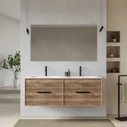 Mobile bagno sospeso con 4 cassetti 140 cm rovere america cannettato con lavabo doppia vasca e specchio - Mida