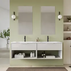 Mobile bagno sospeso con cassetti e vani a giorno 160 cm bianco opaco cannettato con lavabo doppia vasca e specchio - Mida