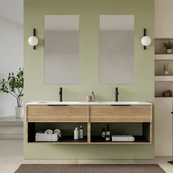 Mobile bagno sospeso con cassetti e vani a giorno 160 cm rovere acero cannettato con lavabo doppia vasca e specchio - Mida