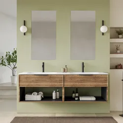 Mobile bagno sospeso con cassetti e vani a giorno 160 cm rovere america cannettato con lavabo doppia vasca e specchio - Mida