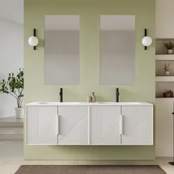 Mobile bagno sospeso con ante 160 cm bianco opaco cannettato con lavabo doppia vasca e specchio - Mida