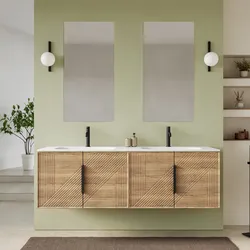 Mobile bagno sospeso con ante 160 cm rovere acero cannettato con lavabo doppia vasca e specchio - Mida