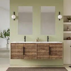Mobile bagno sospeso con ante 160 cm rovere america cannettato con lavabo doppia vasca e specchio - Mida