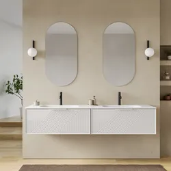 Mobile bagno sospeso con 2 cassetti 180 cm bianco opaco cannettato con lavabo doppia vasca e specchio - Mida