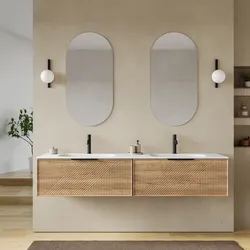Mobile bagno sospeso con 2 cassetti 180 cm rovere acero cannettato con lavabo doppia vasca e specchio - Mida