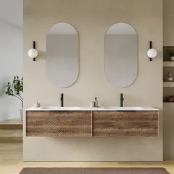 Mobile bagno sospeso con 2 cassetti 180 cm rovere america cannettato con lavabo doppia vasca e specchio - Mida