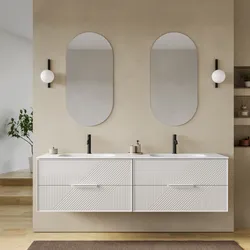 Mobile bagno sospeso con 4 cassetti 180 cm bianco opaco cannettato con lavabo doppia vasca e specchio - Mida