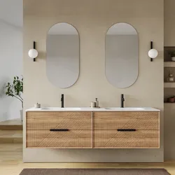 Mobile bagno sospeso con 4 cassetti 180 cm rovere acero cannettato con lavabo doppia vasca e specchio - Mida