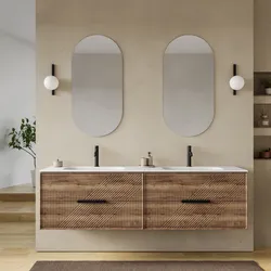 Mobile bagno sospeso con 4 cassetti 180 cm rovere america cannettato con lavabo doppia vasca e specchio - Mida