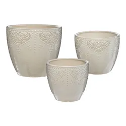 Set 3 vasi rotondi in ceramica beige lucido con decorazioni
