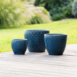 Set 3 vasi rotondi in ceramica blu petrolio lucido con decorazioni