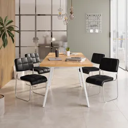Set 4 sedie da ufficio imbottite in similpelle nero con cuciture a contrasto e gambe a slitta cromo - Amber