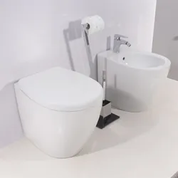 Sanitari filomuro in ceramica traslato con sedile copri-wc