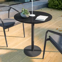 Tavolo da esterno rotondo 60 cm in acciaio grigio e piano effetto legno grigio - Reagan