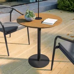 Tavolo da esterno rotondo 60 cm in acciaio grigio e piano effetto legno naturale - Reagan