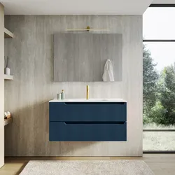Mobile bagno sospeso 100 cm blu oceano cannettato con lavabo e specchio - Konai plus