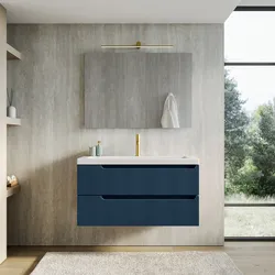 Mobile bagno sospeso 100 cm blu oceano cannettato con lavabo in resina - Konai plus