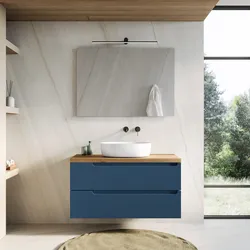 Mobile bagno sospeso 100 cm blu oceano cannettato con top rovere gold - Konai plus